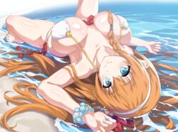 1girls anthro beach big_breasts blue_eyes breasts female female_focus female_only human light-skinned_female light_skin lying_on_back orange_hair pecorine princess_connect!_re:dive smile solo solo_female solo_focus taruhotaru water