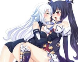 2girls black_hair black_heart closed_eyes dual_persona grabbing_breasts hinghoi large_breasts neptunia_(series) noire open_mouth red_eyes saliva_string selfcest tagme tied_hair twintails white_hair yuri