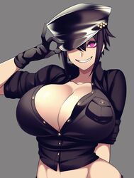 1girls belly_button big_breasts black_hair breasts camui_kamui_(hz_666v) cap evil_grin female gloves hair_over_one_eye hat huge_breasts light-skinned_female light_skin one_eye_covered one_eye_obstructed original pink_eye seductive short_hair smile thin_waist unbuttoned zepia_(camui_kamui)