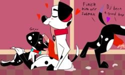 101_dalmatian_street 101_dalmatians after_sex animal_genitalia animal_penis black_body black_fur black_nose bodily_fluids canid canine canine_penis canis colossalstars cum cum_in_ass cum_inside d.j._(101_dalmatians) dalmatian dante_(101_dalmatians) deepak_(101_dalmatians) disney domestic_dog english_text fur genital_fluids genitals group hi_res inside licking male male/male mammal oral penile penis penis_lick semi-anthro sex spots spotted_body text tongue tongue_out white_body white_fur