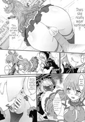 2girls alcohol anus aqua_(konosuba) bent_over black_bar_censoring blushing bottle butt censored comic corset crossover dialogue drooling drunk english_text female female_only goddess goth gothic_lolita isekai_quartet kono_subarashii_sekai_ni_shukufuku_wo! looking_at_pussy monochrome no_panties overlord_(maruyama) pussy shalltear_bloodfallen spread_pussy vampire yuri