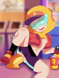 1girls anniebs blue-tinted_eyewear brawl_stars breasts cap dildo energy_drink eyewear female flat_chest hoodie jacket max_(brawl_stars) sex_toy solo streetwear streetwear_max supercell superheroine tinted_eyewear visor visor_(eyewear) visor_glasses