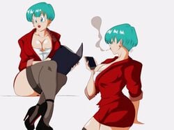 1girls blue_hair bulma_briefs canon_smoker cigarette cleavage dragon_ball dragon_ball_z female female_only huge_breasts milf nala1588 office_lady short_hair shounen_jump smoking solo solo_female