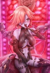 1girls big_breasts blood crafted_lightning elbow_gloves fingerless_gloves fire_emblem fire_emblem:_three_houses gloves hair_over_one_eye knife kronya_(fire_emblem) masturbation nintendo orange_hair red_eyes short_hair solo solo_female underboob weapon