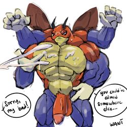 1:1 anthro arthropod bara big_penis bodily_fluids cum cum_on_face cumshot dialogue ejaculation english_text genital_fluids genitals hi_res insects ledyba male multi_arm multi_limb muscular muscular_anthro muscular_male navel nintendo nude pecs penis pokémon_(species) pokemon simple_background solo text video_games wani_panic white_background