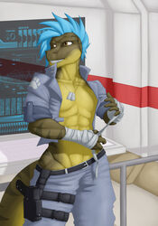 anthro bandage blue_hair breasts clenched_teeth clothed clothing detailed_background dinosaur female female_only gun hair muscular muscular_anthro muscular_female open_mouth open_smile partially_clothed raptor saruuk smile solo teeth two_tone_body