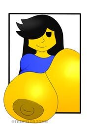 anthro big_breasts black_hair blue_shirt huge_breasts long_hair nipples noobette terebision yellow_skin