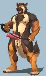 animal_genitalia animal_penis anthro armpit_hair ball_tuft balls biceps big_penis body_hair canid canine canine_penis canis chest_hair domestic_dog erection fur genitals german_shepherd happy_trail herding_dog hi_res knot leash_and_collar male male_only mammal musclegut muscular muscular_anthro muscular_male nipples nude pastoral_dog pecs penis pink_penis pubes sheath solo taighet_28 tuft