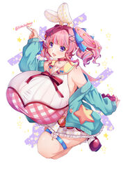 1girls apron big_breasts blue_coat blue_eyes bow bow_tie breasts bunny_ears buttons coat huge_breasts hyper_breasts kneeling large_breasts looking_at_viewer on_knees open_mouth paleskoaberry pen pencil pink_hair red_shoes shoes simple_background skirt solo solo_female star thick_thighs twintails white_skirt wide_hips