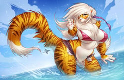 amber_eyes animal_ears anthro big_breasts bikini bikini_pull black_stripes braid buxbi_(character) countershade_face countershade_torso curvaceous elbow_tufts felid feline female female_only fishnet_stockings fluffy_tail fur furry in_water jesonite long_hair ocean pink_nails shorts solo solo_female striped_fur tail thick_thighs tiger tiger_girl torn_stockings white_hair wide_hips yellow_fur