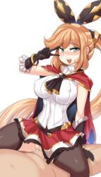 blonde_hair bow cape clarisse_(granblue_fantasy) clothed_sex gloves granblue_fantasy green_eyes hinghoi large_breasts open_mouth peace_sign penis sex skirt tagme thick_thighs thighhighs vagina vaginal_penetration