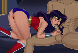 1boy 1girls ass blowjob boots breasts circe_(dc) closed_eyes clothed_female_nude_male cosplay cum cum_in_mouth cum_inside dat_ass dc dc_comics dcau fellatio female female_focus fully_clothed hand_on_penis justice_league_unlimited lex_luthor lipstick long_hair male muscular_male penis purple_hair straight sunsetriders7 unseen_male_face wonder_woman_(cosplay) wonder_woman_(series)