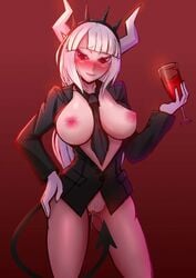 big_breasts bottomless demon demon_girl exposed_breasts exposed_pussy female ha_te helltaker lucifer_(helltaker) open_shirt pussy_juice solo_female tie_between_breasts vest wine wine_glass