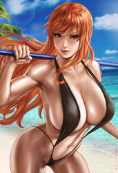 1girls abs big_breasts bikini breasts cleavage clima-tact dandon_fuga female female_only large_breasts looking_at_viewer nami one_piece post-timeskip sling_bikini solo