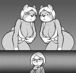 2018 ambiguous_gender animal_crossing anthro big_breasts bottomless breasts cleavage clothed clothing dakkpasserida eyewear female fur glasses group hair hi_res human leaning leaning_forward mammal monochrome nintendo paula_(animal_crossing) shirt simple_background smile square_crossover thinking topwear unzipped unzipping ursid video_games villager_(animal_crossing)