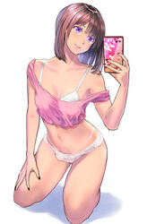 1futa ball_bulge balls balls_in_panties balls_under_clothes black_nails bra breasts brown_hair cameltail cellphone cleavage crop_top flaccid full_body futa_only futa_sans_pussy futanari highres horny kneeling medium_hair nail_polish navel off_shoulder original panties panty_bulge penis penis_bulge penis_in_panties penis_under_clothes phone pink_shirt purple_eyes self_shot shiratama_(monster1553) shirt simple_background small_balls small_breasts small_penis smartphone smile solo solo_futa tama_(monster1553) underwear white_background white_bra