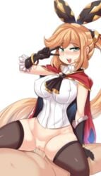 blonde_hair bow cape clarisse_(granblue_fantasy) clothed_sex gloves granblue_fantasy green_eyes hinghoi large_breasts open_mouth peace_sign penis sex skirt tagme thick_thighs thighhighs vagina vaginal_penetration