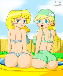 2girls ass back big_ass big_breasts bikini blonde_hair blue_eyes blush breasts bubble_butt bur earrings green_eyes hat human human_only large_ass leni_loud looking_at_viewer looking_back lori_loud multiple_females multiple_girls neutralchilean open_mouth outdoors outside pool siblings sideboob sisters smile straight_hair swimsuit the_loud_house water