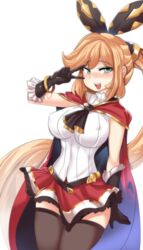 blonde_hair bow cape clarisse_(granblue_fantasy) gloves granblue_fantasy green_eyes hinghoi large_breasts open_mouth peace_sign skirt tagme thick_thighs