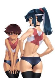 2boys arched_back ass bloomers blush canon_couple covering_crotch crossdressing embarrassed femboy girly gym_uniform looking_at_viewer male_only natsuki_(natsuyasumi.) natsuyasumi po-ju poju ponytail tan_skin tanned tanned_skin trap yuu_(natsuyasumi.)