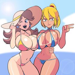 2girls ayaiken ayaman beach big_breasts bikini bimbo blonde_hair blue_bikini blue_eyes brown_hair crossover dark_skin female female/female female_only mario_(series) metroid multiple_girls nintendo ocean orange_bikini outdoors ponytail pov princess_daisy samus_aran smile standing super_smash_bros. swimsuit tan tanline tied_hair winking yuri