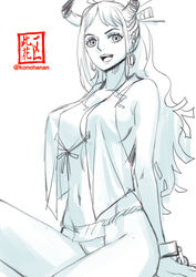 1girls big_breasts breasts cleavage curvy ear_piercing earrings female female_only hi_res highres hoop_earrings horned_humanoid horns humanoid konohana light-skinned_female light_skin long_hair looking_at_viewer monochrome one_piece oni oni_female oni_horns sideboob simple_background sketch solo underwear wano_country white_background wide_hips yamato_(one_piece) youkai