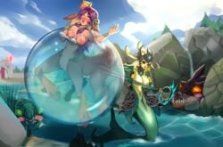 2020 2girls blush bondage bubble centaur commission dragon drool faun female insertion league_of_legends lillia_(league_of_legends) magic marai mermaid multiple_girls nami_(league_of_legends) octinalu saliva scuttle_crab sweating sweaty water yuri