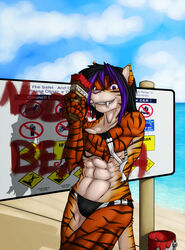 anthro beach black_hair breasts clenched_teeth clothed clothing detailed_background fangs female female_only holding holding_object muscular muscular_female open_mouth open_smile orange_fur partially_clothed purple_eyes purple_hair saruuk tiger two_tone_fur two_tone_hair white_fur