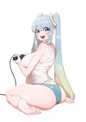 1girls ass bangs barefoot big_ass blue_eyes blue_hair blue_panties blush breasts clothed eyeliner feet female female_only full_body game_controller gradient_hair hair_between_eyes highres huge_breasts league_of_legends long_hair long_twintails looking_back open_smile panties shiny_skin side_view sideboob sidelocks simple_background sitting smile soles solo_focus sona_buvelle tagme tank_top toes twintails two_tone_hair very_long_hair voluptuous wariza white_background yabby yellow_hair