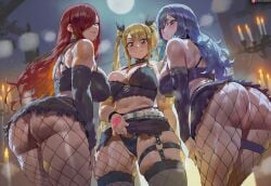 3girls ai_assisted ai_generated ass big_ass big_breasts blonde_hair blue_eyes blue_hair brown_eyes clothed erza_scarlet fairy_tail fat_ass female fishnets highres juvia_lockser long_hair lucy_heartfilia massive_breasts pantyhose pussy red_hair shexyo tattoo thick_thighs thighs