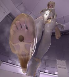 1boy 1girls 3d aswababa blonde_hair breasts clothed clothing feet feet_focus female foot_fetish giantess light-skinned_female light-skinned_male light_skin long_hair low-angle_view macro male micro nier nier:_automata nude nude_male size_difference trapped_in_shoe yorha_commander