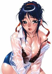 blush bra breasts cleavage copyright_request cum cutoffs erect_nipples green_eyes hair_bun highres hot_pants hotpants large_breasts lingerie lips milf nishi_iori ribbon ribbons short_shorts shorts tears underwear wet