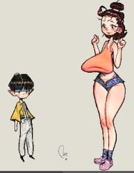 1boy 1girls 2024 age_difference artist_name artist_signature bare_midriff belly_button black_hair blue_eyes bowl_cut breasts brown_hair camisole clothed_female clothed_male crocs crop_top curvy_body curvy_female curvy_figure denim_shorts extinctyellow eyelashes female gigantic_breasts heart_symbol light-skinned_female light-skinned_male light_skin long_sleeves looking_at_another male mole no_background original original_characters pink_thong pixel_art pointy_ears short_shorts size_difference smaller_male suspenders taller_female taller_girl thin_waist thong wide_hips yellow_shirt