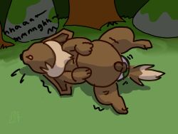2025 4:3 animal_genitalia balls belly big_belly big_egg black_sclera brown_body brown_fur cel_shading digital_media_(artwork) dipstick_tail ears_back eevee egg extended_sound_effect feral forest forest_background fully_sheathed fur furinmyeyes generation_1_pokemon genitals grunting hi_res lying male mammal markings moan multicolored_egg nature nature_background nintendo non_oviparous_oviposition on_side open_mouth oviposition paws pivoted_ears plant pokemon pokemon_(species) raised_head ruff rumbling_stomach shaded sheath signature solo sound_effect_variant sound_effects spread_legs spreading tail tail_markings text tree