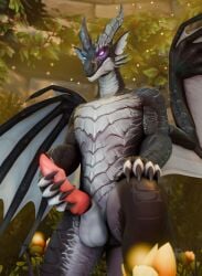 3d_(artwork) absurd_res anthro balls black_body black_scales blizzard_entertainment blue_eyes claws digital_media_(artwork) dracthyr dragon ear_piercing ear_ring erection european_mythology flower genitals heterochromia hi_res holding_penis horn jewelry looking_at_viewer male masturbation membrane_(anatomy) membranous_wings multicolored_body mythological_creature mythological_scalie mythology nude penis piercing pink_eyes plant ridelag_(toxik_enzis) ring_piercing scales scalie smile solo tail toxik_enzis tree warcraft western_dragon white_body white_scales wings