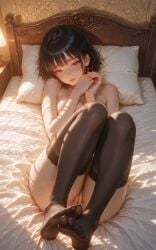 ai_generated black black_hair black_stockings feet feet_up naked neuschwanstein rover_(wuthering_waves) shy soles toes wuthering_waves yellow_eyes
