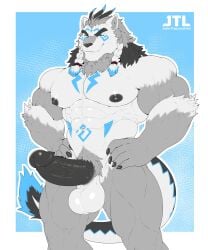 5:6 abs abstract_background absurd_res anthro artist_logo artist_name balls bara beard big_muscles black_hair black_nipples black_nose black_penis blue_eyes blue_markings braided_hair facial_hair felid front_view fur genitals grey_beard grey_body grey_facial_hair grey_fur grey_hair hair hands_on_hips hi_res johnthelewd_art logo looking_at_viewer male male_anthro mammal markings mouth_closed muscles muscular muscular_anthro muscular_male narrowed_eyes nipples nude pecs penis portrait solo standing text three-quarter_portrait white_balls white_body white_fur white_hair yaoi