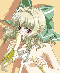 banana blonde_hair breasts cum da_capo flat_chest food fruit hair_ribbon hair_ribbons handjob licking makaizou nipples nude penis red_eyes ribbon ribbons