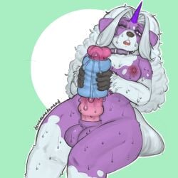 2025 animal_genitalia animal_penis areola big_penis bodily_fluids breasts canid canine canine_genitalia canine_penis canis collar cum demedemedemead domestic_dog eyelashes fur genital_fluids genitals hair hi_res horn looking_pleasured mammal masturbation nipples open_mouth penetrable_sex_toy penile penile_masturbation penis purple_body purple_fur sex_toy sheath simple_background sitting sweat sweaty_body sweaty_breasts sweaty_legs sweaty_thighs white_hair