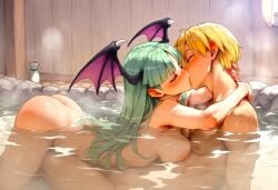 1boy1girl age_difference ai_generated anime ass ass_focus bangs beautiful blonde_hair blush bottle breast_press breasts capcom completely_nude crossover crossover_shipping curvy_figure darkstalkers day deep_kissing dreson embrace fantasy female green_hair hands_on_another's_head handsome hugging kise_ryouta kissing kuroko_no_basuke laying_on_person long_hair_female male medium_breasts morrigan_aensland muscles nai_diffusion nail_polish nipples older_female_and_younger_male onsen partially_submerged red_nails rocks steam video_game_character video_game_franchise video_games water wood