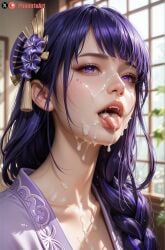 after_fellatio ai_generated cum cum_drip cum_in_mouth cum_on_face cumshot dripping face_closeup face_focus female focus genshin_impact looking_at_viewer purple_eyes purple_hair raiden_shogun solo tongue tongue_out