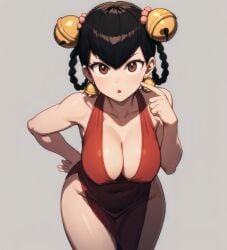 1girls :o accurate_art_style ai_generated alternate_breast_size asian_female bare_arms bewitching_thighs braided_hair_rings brown_eyes child_bearing_hips clavicle cleavage cocktail_dress collarbone covered_navel dot_nose downblouse female gradient_background hanging_breasts jewelry jingle_bell large_breasts lin_lin_(one-punch_man) looking_at_viewer lower_body mascara meme my_eyes_are_up_here no_bra non-web_source non_nude novelai one-punch_man open_cleavage open_mouth red_dress self_upload simple_background sleeveless_dress someraindropsonroses_(artist) thunder_thighs