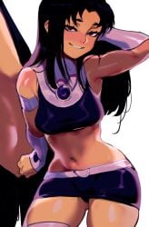armpits bangs bare_shoulders belt black_hair blackfire blush breasts clothing crop_top dark-skinned_female dark_skin female female_only gloves gorget jewelry legwear long_hair looking_at_viewer makeup medium_breasts midriff miniskirt navel purple_eyes roropull shirt shorts skirt sleeveless smile solo standing tamaranean teen_titans thick_thighs thighhighs thighs underwear