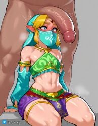 ai_generated big_ass big_penis broskyyy_ crossdressing dark-skinned_male femboy harem_outfit interracial link looking_at_penis penis_on_head sitting surprised the_legend_of_zelda thick_thighs wide_hips