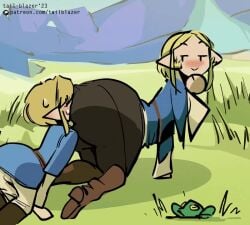 1boy 1boy1girl 1female 1girls animated animated_gif animation ass ass_in_face background bending_over bent_over big_ass blonde_hair blush blush_lines clothed clothing dripping femboy frog from_behind gif grass hylian hylian_ears large_ass link link_(breath_of_the_wild) moving_ass nintendo princess_zelda shaking shaking_butt smug sniffing sniffing_ass sweat tagme tail-blazer the_legend_of_zelda video video_games watermark yellow_hair zelda_(breath_of_the_wild)