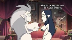 2girls big_breasts completely_nude completely_nude_female dark_blue_hair disney_channel eda_clawthorne female grey_hair lilith_clawthorne long_hair otakusedits screenshot screenshot_edit sisters the_owl_house