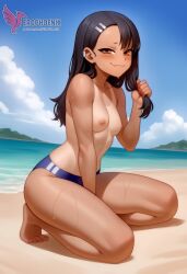 1girls 2d ai_generated areolae ass back bare_shoulders beach big_ass bikini bikini_pull black_hair blue_bikini blue_eyes brown_eyes competition_swimsuit dark_skin dark_skinned_female day erophoenix female female_focus full_body hairclip hayase_nagatoro jewelry long_hair looking_at_viewer ocean one-piece_swimsuit one-piece_tan outdoors patreon_username please_don't_bully_me,_nagatoro pointy_ears sitting skin_fang sky small_breasts smile solo swimsuit tan tan_body tan_lines tanline thick thick_thighs uncensored