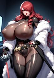 1girls adapted_costume ai_generated atlus belt bimbo bimbo_body bimbofication bimbofied bodysuit breasts breasts_bigger_than_head cameltoe coat colored_nails computer computer_monitor covered_navel eyeshadow female fingerless_gloves gigantic_breasts hair_over_one_eye hand_on_hip holding_object holding_sword huge_ass huge_breasts indoors keyboard lipstick long_hair long_nails makeup massive_breasts mitsuru_kirijo narrowed_eyes nipple_bulge novelai off_shoulder one_eye_covered persona persona_3 persona_4_arena rapier serious sheath solo solo_female sword tgm101_(artist) thick_thighs thigh_boots thin_waist wide_hips