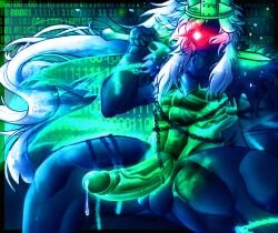 1boy 1x1x1x1 1x1x1x1_(forsaken) balls betrayed_1x1x1x1 binary_code black_body chains fe7r8iode forsaken_(roblox) glowing glowing_background glowing_eyes glowing_penis green_body holding_object long_hair male male_only muscular muscular_male penis precum precum_drip red_eyes roblox roblox_game robloxian scarf self_upload sword white_hair