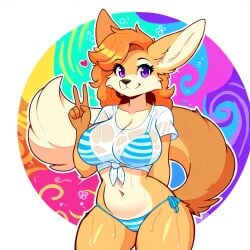 ai_generated anthro anthro_female big_tail bikini bikini_bottom bikini_top cleavage fennec_fox furry furry_female furry_focus majorfluffy mature_female peace_sign purple_eyes red_fur red_hair sfw wet_body wet_clothes wet_shirt